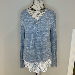 WHBM Heather Blue Plaid Hem Knit Sweater Size M